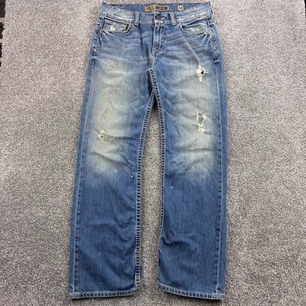 BKE Justin Jeans Mens 34 Blue Denim Distressed Straight Relaxed Fit Faded